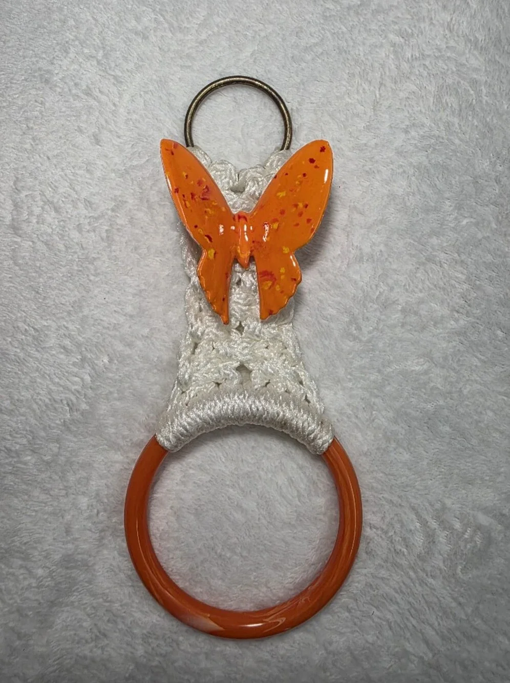 Pair Of Vintage Macrame Kitchen Towel Holders With Butterfly Accents Orange Blue